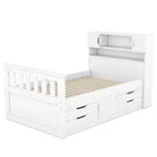 Cadre de lit plateforme simple Captain avec tête de lit bibliothèque de rangement et 4 tiroirs, cadre de lit simple en bois avec rangement pour chambre à coucher