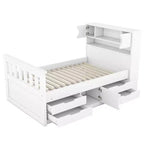 Cadre de lit plateforme simple Captain avec tête de lit bibliothèque de rangement et 4 tiroirs, cadre de lit simple en bois avec rangement pour chambre à coucher