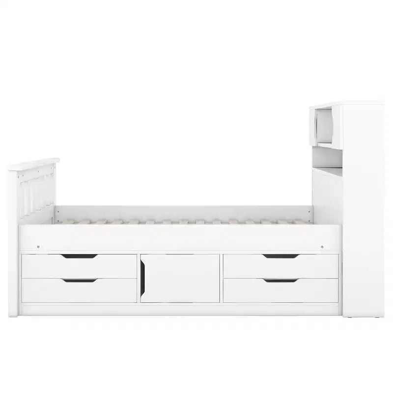 Cadre de lit plateforme simple Captain avec tête de lit bibliothèque de rangement et 4 tiroirs, cadre de lit simple en bois avec rangement pour chambre à coucher