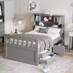 Cadre de lit plateforme simple Captain avec tête de lit bibliothèque de rangement et 4 tiroirs, cadre de lit simple en bois avec rangement pour chambre à coucher