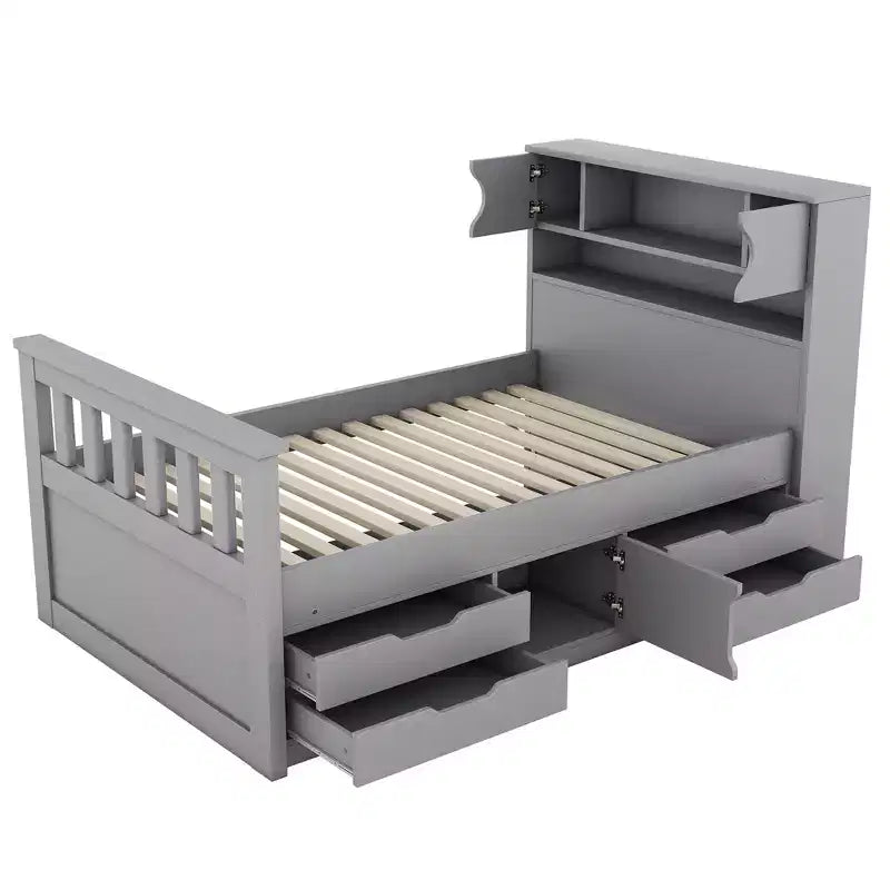 Cadre de lit plateforme simple Captain avec tête de lit bibliothèque de rangement et 4 tiroirs, cadre de lit simple en bois avec rangement pour chambre à coucher