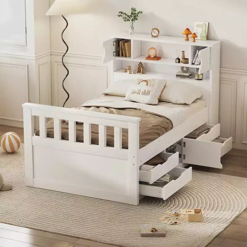 Cadre de lit plateforme simple Captain avec tête de lit bibliothèque de rangement et 4 tiroirs, cadre de lit simple en bois avec rangement pour chambre à coucher