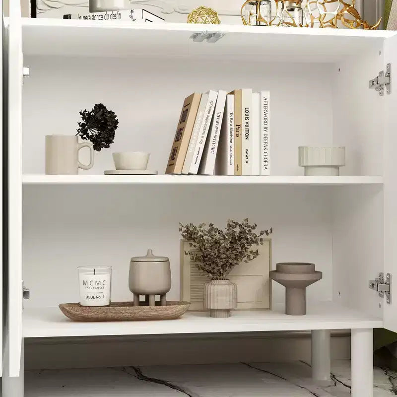 Meuble de rangement élégant avec portes cintrées artistiques, étagères réglables, placard de rangement à 4 portes, bibliothèque vitrine, pour salon/chambre à coucher