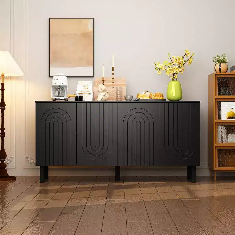 Meuble de rangement élégant avec portes cintrées artistiques, étagères réglables, placard de rangement à 4 portes, bibliothèque vitrine, pour salon/chambre à coucher