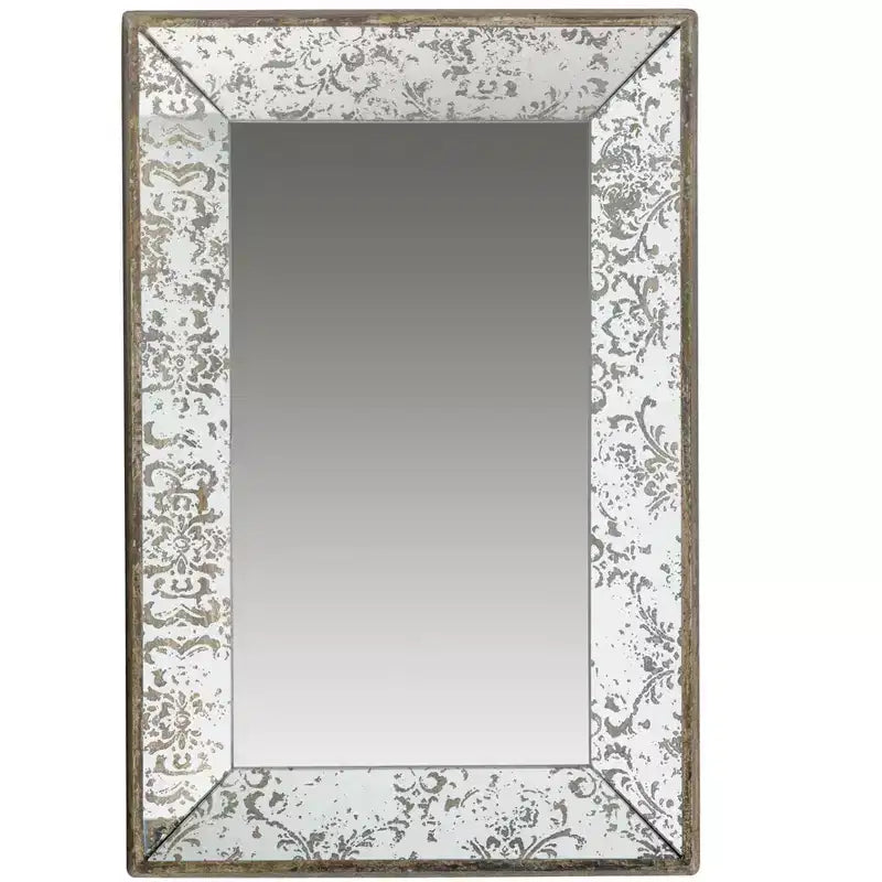 Miroir mural rectangulaire antique en argent 24 x 15 avec accents floraux, miroir suspendu, argent