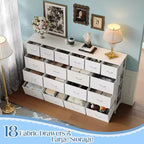 Commode 63 W avec 18 tiroirs en tissu et station de charge, grande commode de chambre avec cadre en acier et plateau en bois