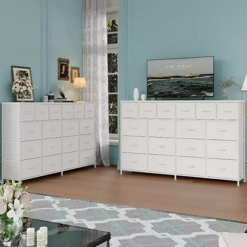 Commode 63 W avec 18 tiroirs en tissu et station de charge, grande commode de chambre avec cadre en acier et plateau en bois