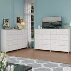Commode 63 W avec 18 tiroirs en tissu et station de charge, grande commode de chambre avec cadre en acier et plateau en bois