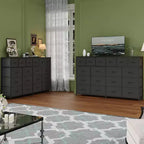 Commode 63 W avec 18 tiroirs en tissu et station de charge, grande commode de chambre avec cadre en acier et plateau en bois