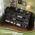 Commode 63 W avec 18 tiroirs en tissu et station de charge, grande commode de chambre avec cadre en acier et plateau en bois