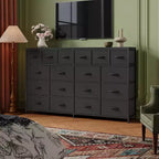 Commode 63 W avec 18 tiroirs en tissu et station de charge, grande commode de chambre avec cadre en acier et plateau en bois