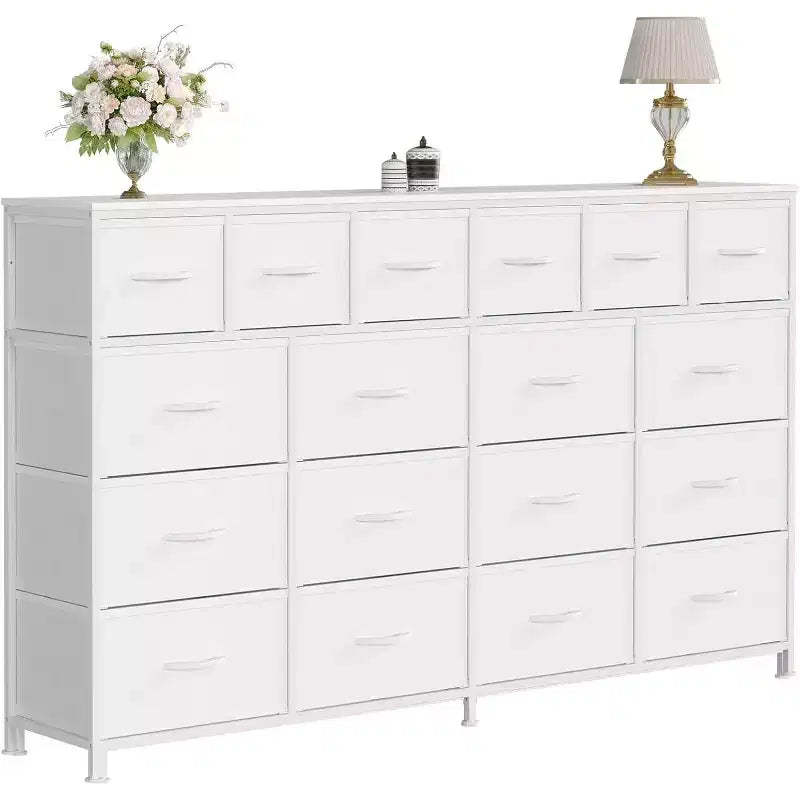 Commode 63 W avec 18 tiroirs en tissu et station de charge, grande commode de chambre avec cadre en acier et plateau en bois