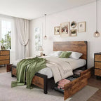 Queen Size Platform Bed Frame with Headboard and 4 Storage Drawers, Heavy-Duty Metal Supports, No Box Spring Required, No Noise, Easy to Assemble