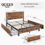 Cadre de lit plateforme Queen Size avec tête de lit et 4 tiroirs de rangement, supports métalliques robustes, sommier tapissier non requis, silencieux, facile à assembler