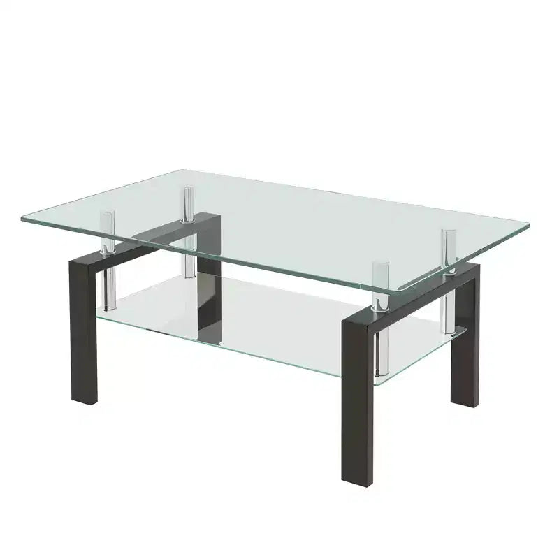 Table basse moderne à 2 niveaux en verre, table d'appoint rectangulaire en verre trempé avec étagère inférieure pour salon