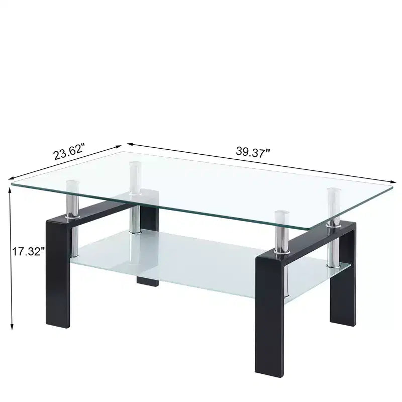 Table basse moderne à 2 niveaux en verre, table d'appoint rectangulaire en verre trempé avec étagère inférieure pour salon