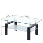 Table basse moderne à 2 niveaux en verre, table d'appoint rectangulaire en verre trempé avec étagère inférieure pour salon