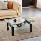 Table basse moderne à 2 niveaux en verre, table d'appoint rectangulaire en verre trempé avec étagère inférieure pour salon