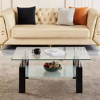 Table basse moderne à 2 niveaux en verre, table d'appoint rectangulaire en verre trempé avec étagère inférieure pour salon