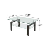Table basse moderne à 2 niveaux en verre, table d'appoint rectangulaire en verre trempé avec étagère inférieure pour salon