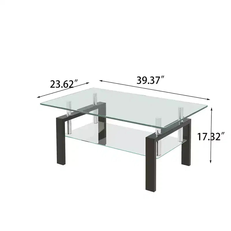 Table basse moderne à 2 niveaux en verre, table d'appoint rectangulaire en verre trempé avec étagère inférieure pour salon
