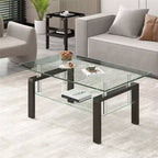 Table basse moderne à 2 niveaux en verre, table d'appoint rectangulaire en verre trempé avec étagère inférieure pour salon