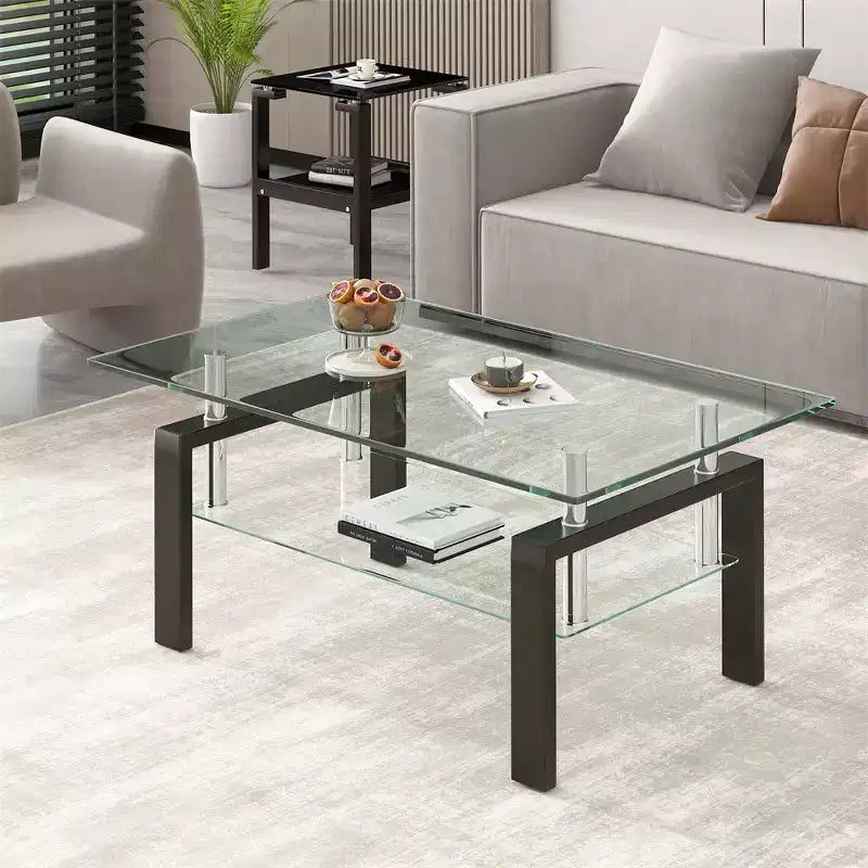 Table basse moderne à 2 niveaux en verre, table d'appoint rectangulaire en verre trempé avec étagère inférieure pour salon
