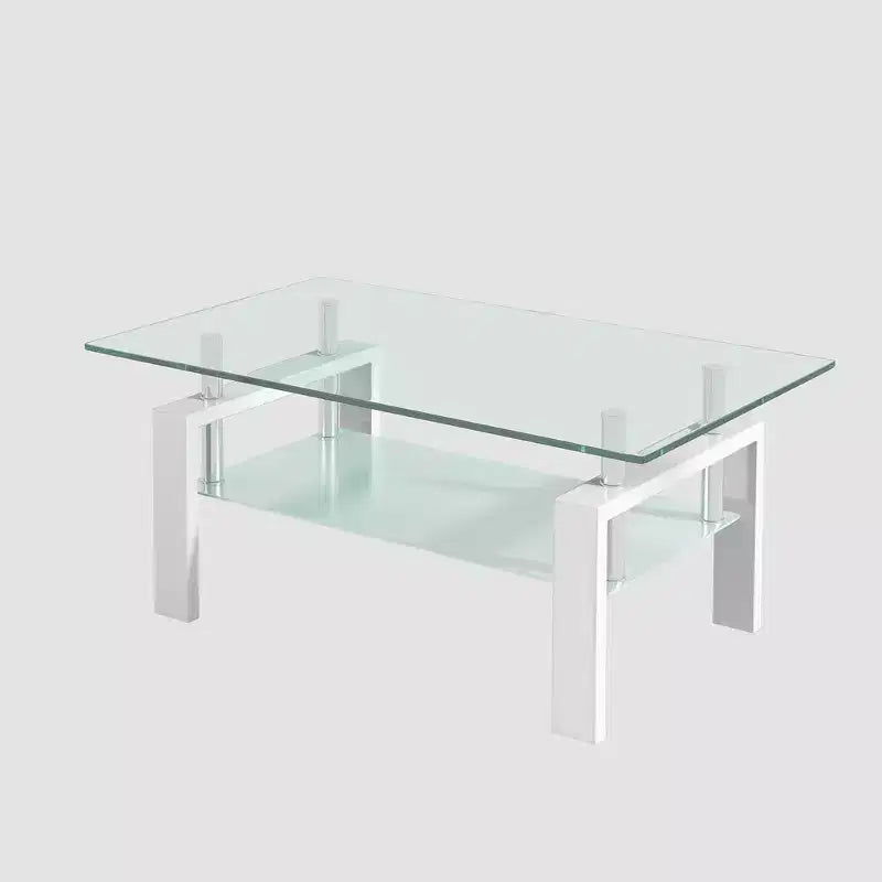 Table basse moderne à 2 niveaux en verre, table d'appoint rectangulaire en verre trempé avec étagère inférieure pour salon