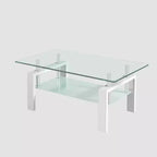 Table basse moderne à 2 niveaux en verre, table d'appoint rectangulaire en verre trempé avec étagère inférieure pour salon