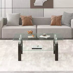 Table basse moderne à 2 niveaux en verre, table d'appoint rectangulaire en verre trempé avec étagère inférieure pour salon