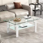 Table basse moderne à 2 niveaux en verre, table d'appoint rectangulaire en verre trempé avec étagère inférieure pour salon