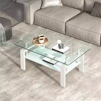 Table basse moderne à 2 niveaux en verre, table d'appoint rectangulaire en verre trempé avec étagère inférieure pour salon
