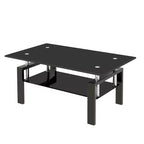 Table basse moderne à 2 niveaux en verre, table d'appoint rectangulaire en verre trempé avec étagère inférieure pour salon