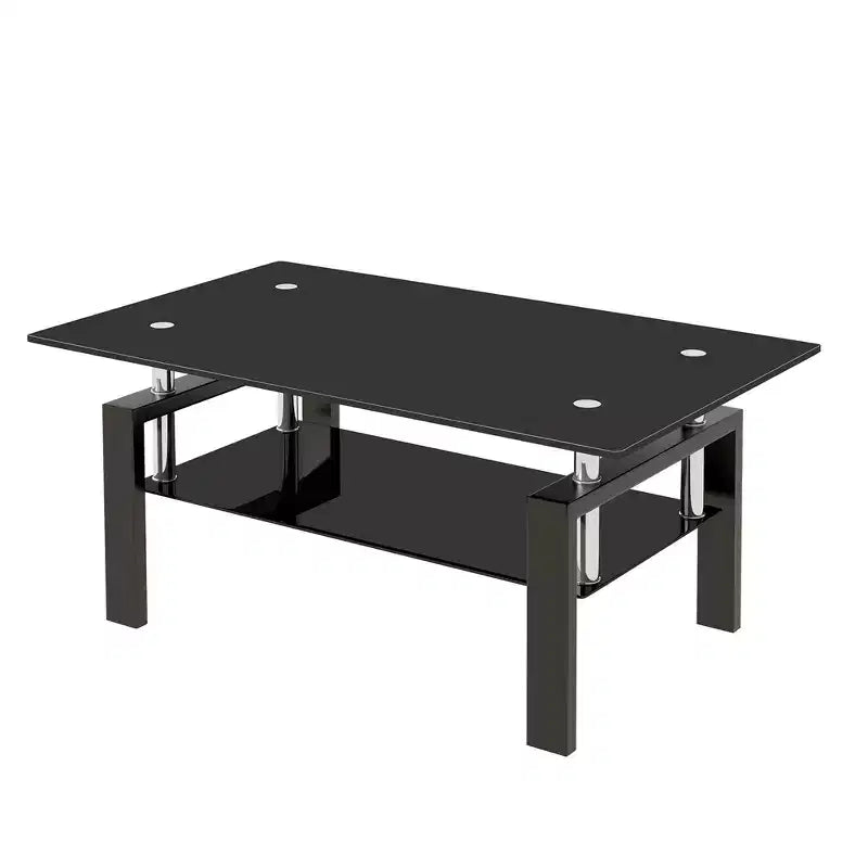 Table basse moderne à 2 niveaux en verre, table d'appoint rectangulaire en verre trempé avec étagère inférieure pour salon