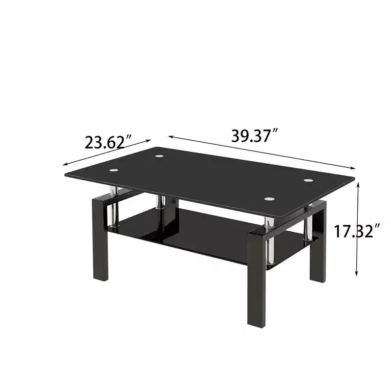 Table basse moderne à 2 niveaux en verre, table d'appoint rectangulaire en verre trempé avec étagère inférieure pour salon