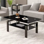 Table basse moderne à 2 niveaux en verre, table d'appoint rectangulaire en verre trempé avec étagère inférieure pour salon