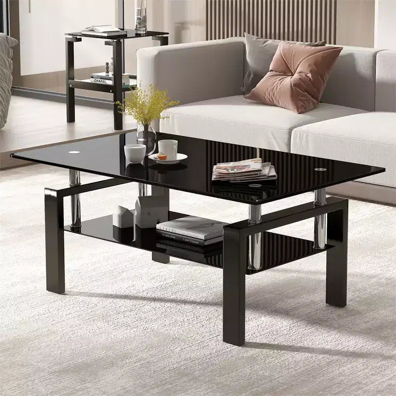 Table basse moderne à 2 niveaux en verre, table d'appoint rectangulaire en verre trempé avec étagère inférieure pour salon