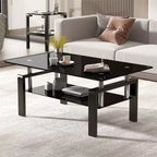 Table basse moderne à 2 niveaux en verre, table d'appoint rectangulaire en verre trempé avec étagère inférieure pour salon