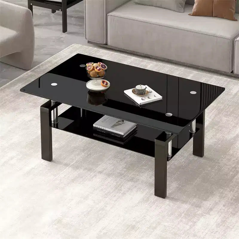 Table basse moderne à 2 niveaux en verre, table d'appoint rectangulaire en verre trempé avec étagère inférieure pour salon