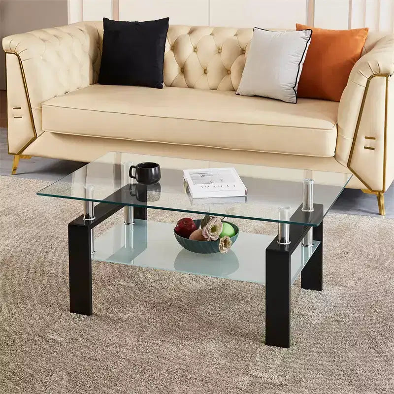 Table basse moderne à 2 niveaux en verre, table d'appoint rectangulaire en verre trempé avec étagère inférieure pour salon