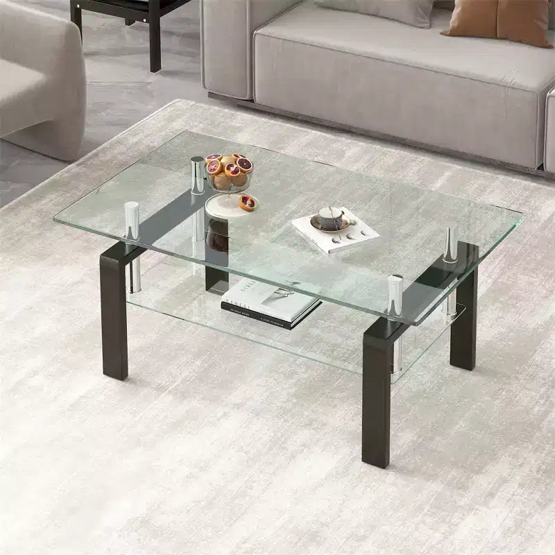 Table basse moderne à 2 niveaux en verre, table d'appoint rectangulaire en verre trempé avec étagère inférieure pour salon