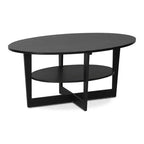 Table basse ovale à 2 niveaux pour salon avec étagère de rangement ouverte, finition bois