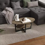 Table basse ovale à 2 niveaux pour salon avec étagère de rangement ouverte, finition bois