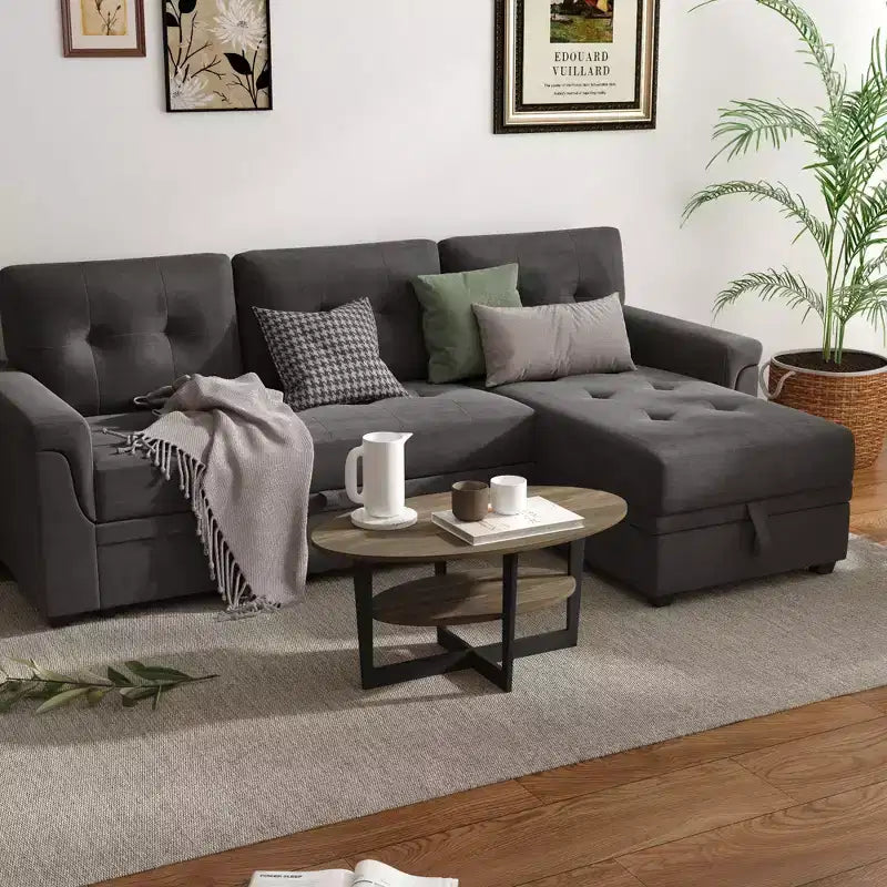Table basse ovale à 2 niveaux pour salon avec étagère de rangement ouverte, finition bois