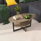 Table basse ovale à 2 niveaux pour salon avec étagère de rangement ouverte, finition bois