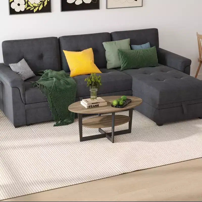 Table basse ovale à 2 niveaux pour salon avec étagère de rangement ouverte, finition bois