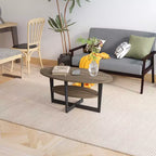 Table basse ovale à 2 niveaux pour salon avec étagère de rangement ouverte, finition bois