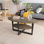 Table basse ovale à 2 niveaux pour salon avec étagère de rangement ouverte, finition bois