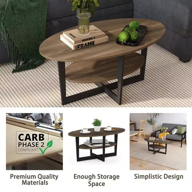 Table basse ovale à 2 niveaux pour salon avec étagère de rangement ouverte, finition bois
