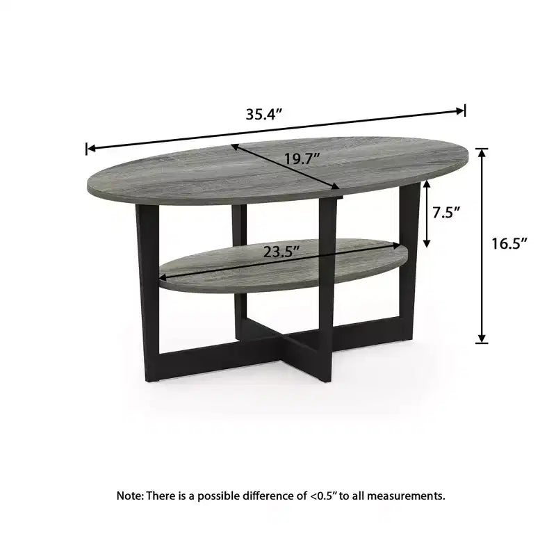 Table basse ovale à 2 niveaux pour salon avec étagère de rangement ouverte, finition bois
